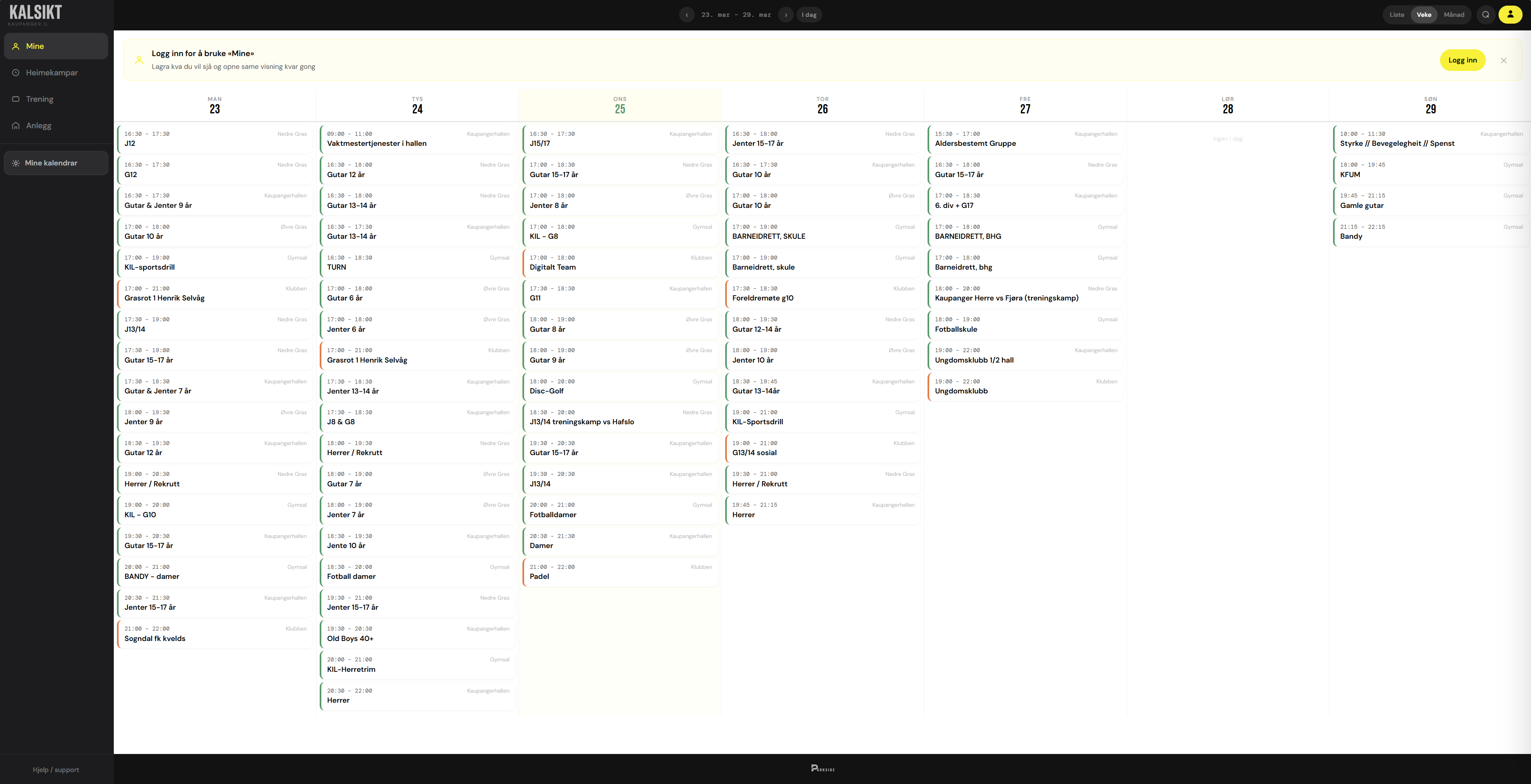 KalSikt app — vekevising med anleggssidepanel