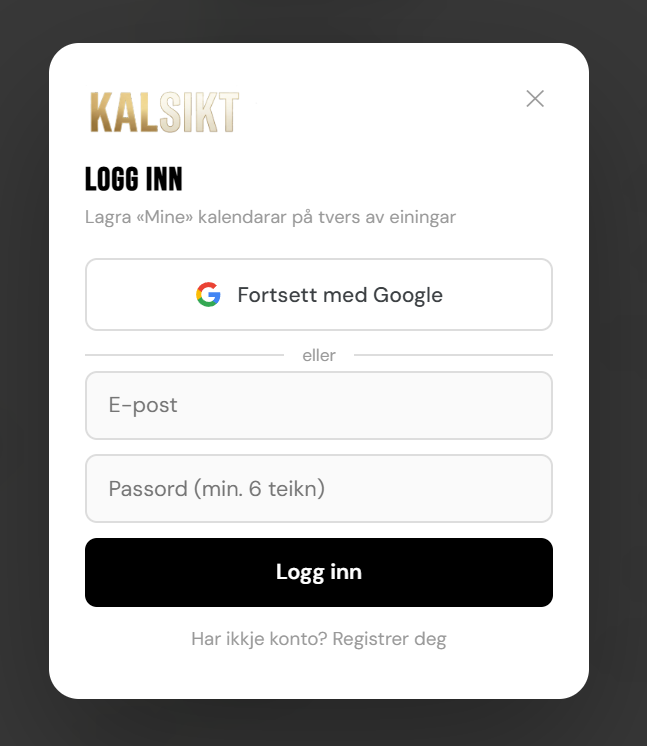 KalSikt innlogging — Google OAuth-modal